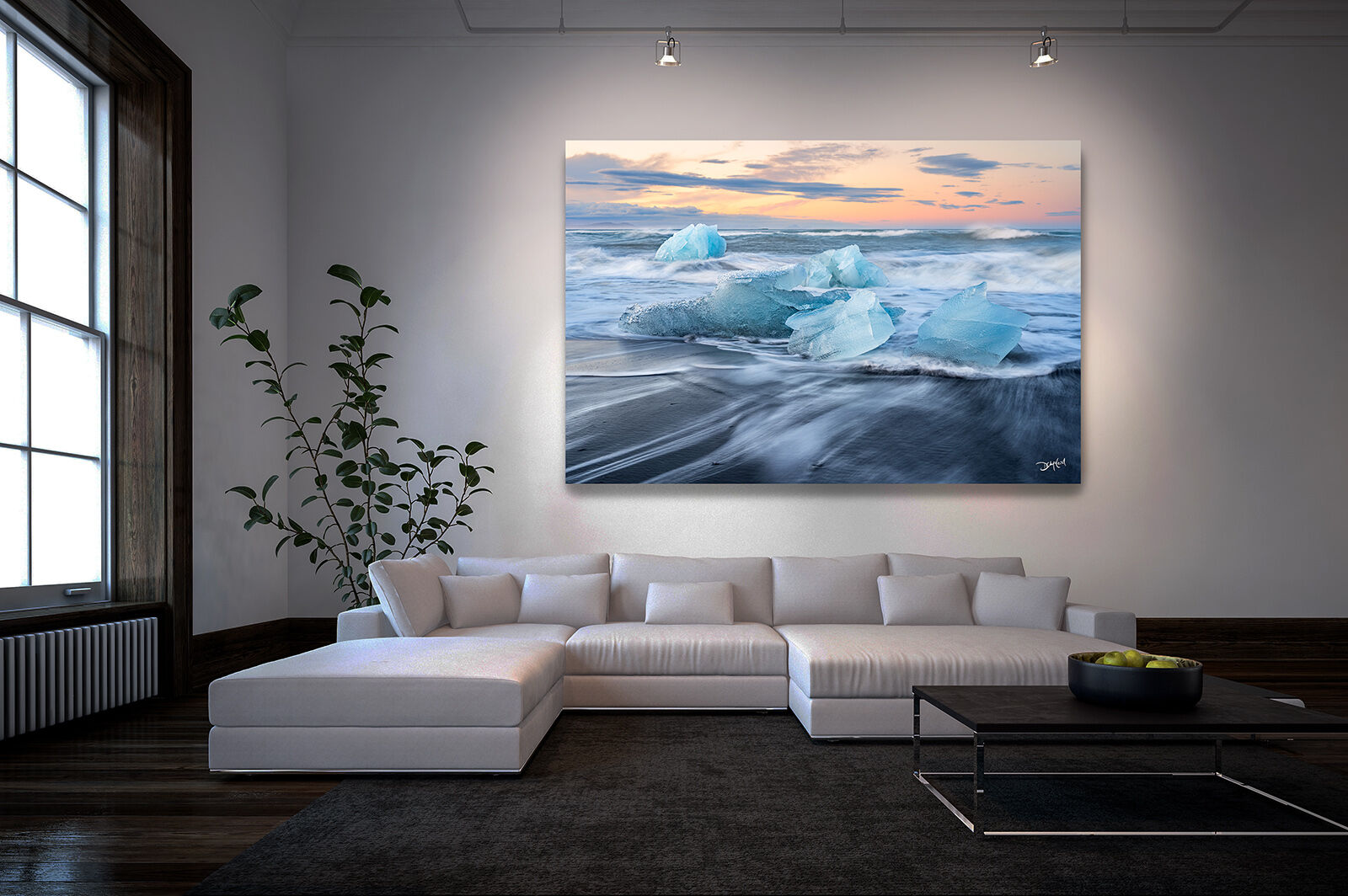Photo wall art of Iceland’s Diamond Beach illuminated by accent lighting for dramatic effect.