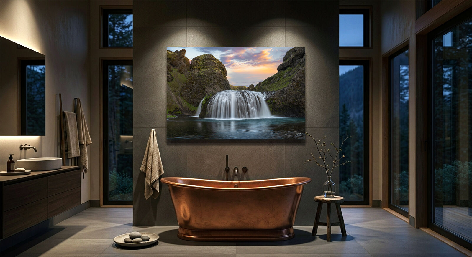 Large Iceland waterfall fine art photograph over copper bathtub dim lighting.