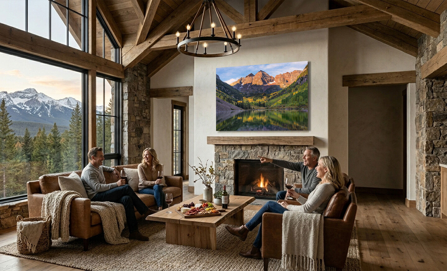 Maroon Bells large fine art print over fireplace in mountain home with couples visiting.