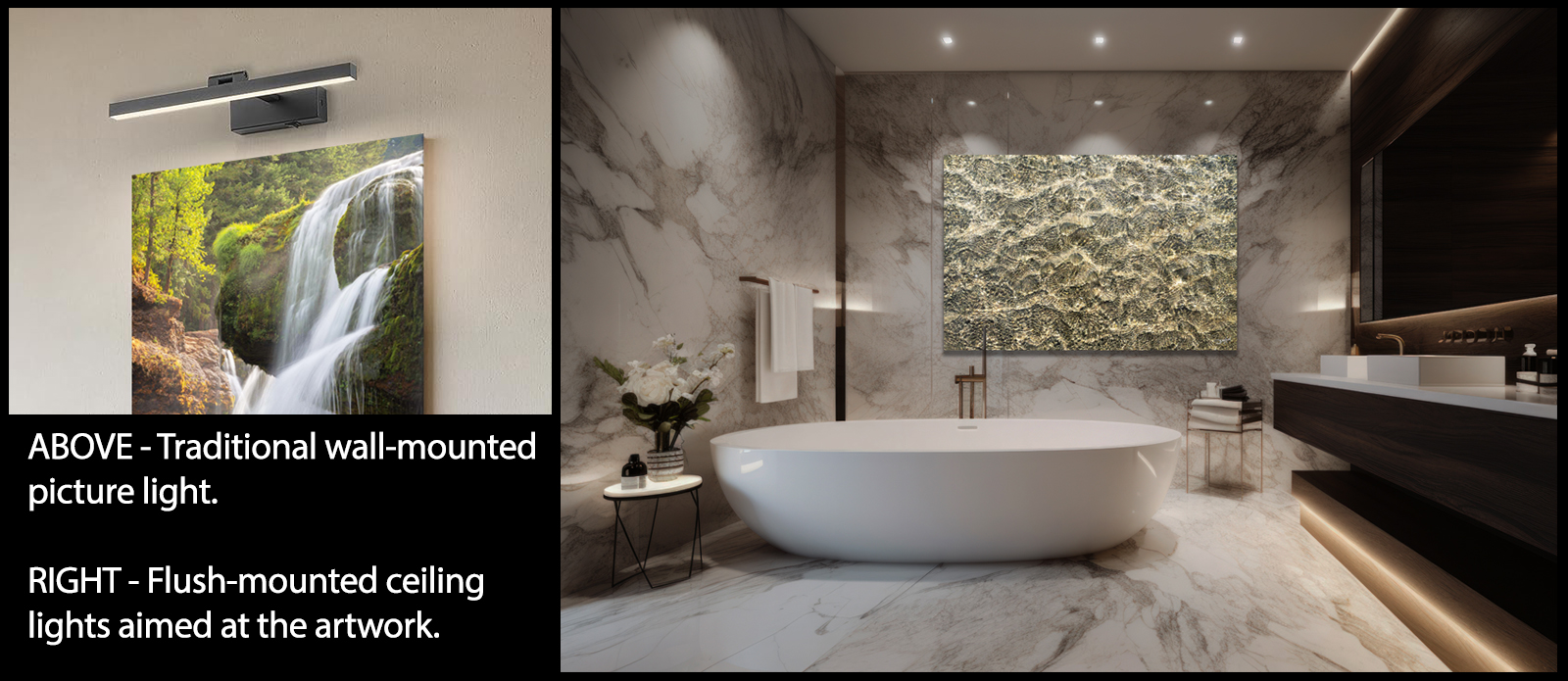 Infographic showing difference between traditional wall-mounted picture light versus ceiling-mounted lights.