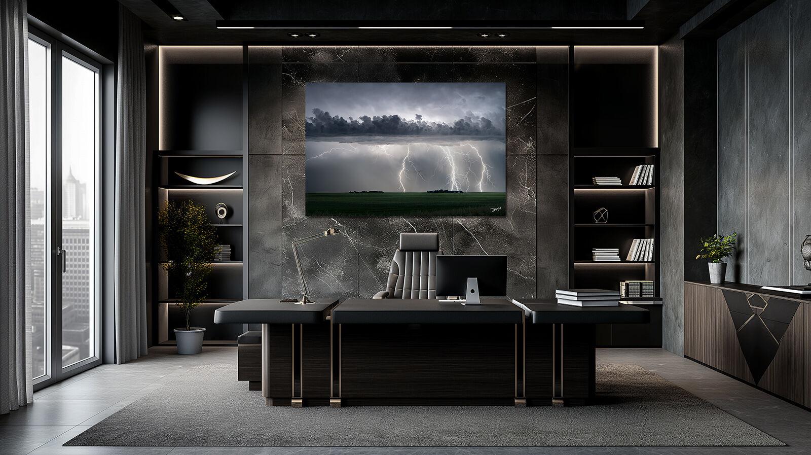 A large photographic print of a lightning storm hangs on the wall in an upscale office.