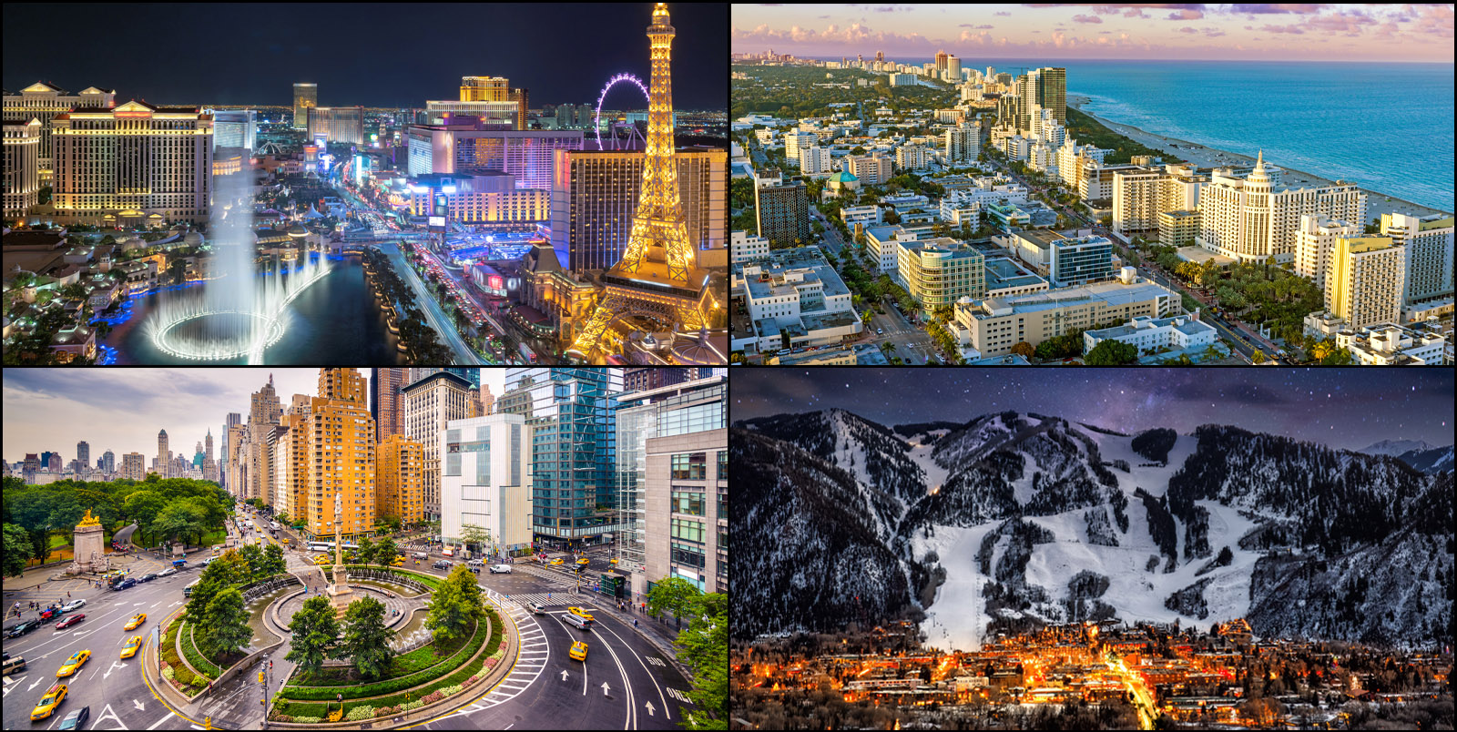 Collage of four city skylines of high traffic tourist destinations where Peter Lik operates galleries.
