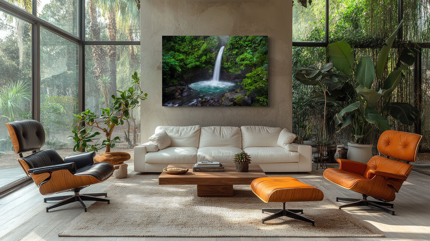 Costa Rica Lumachrome acrylic waterfall print in a tropical living room.