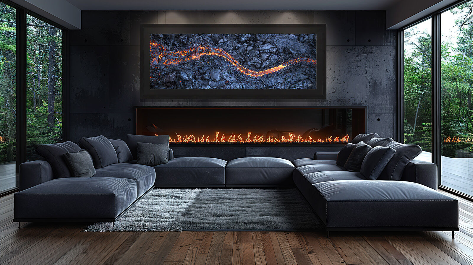 A large custom framed lava print hangs over a fireplace in an upscale great room.