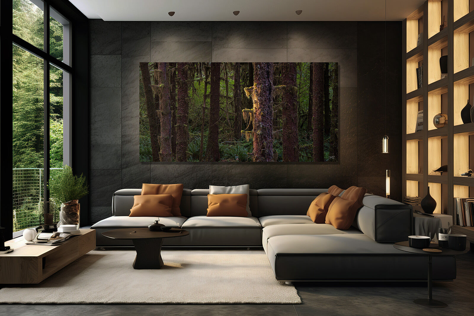A panoramic sunrise forest scene picture hangs on the wall in a modern living room with large windows.