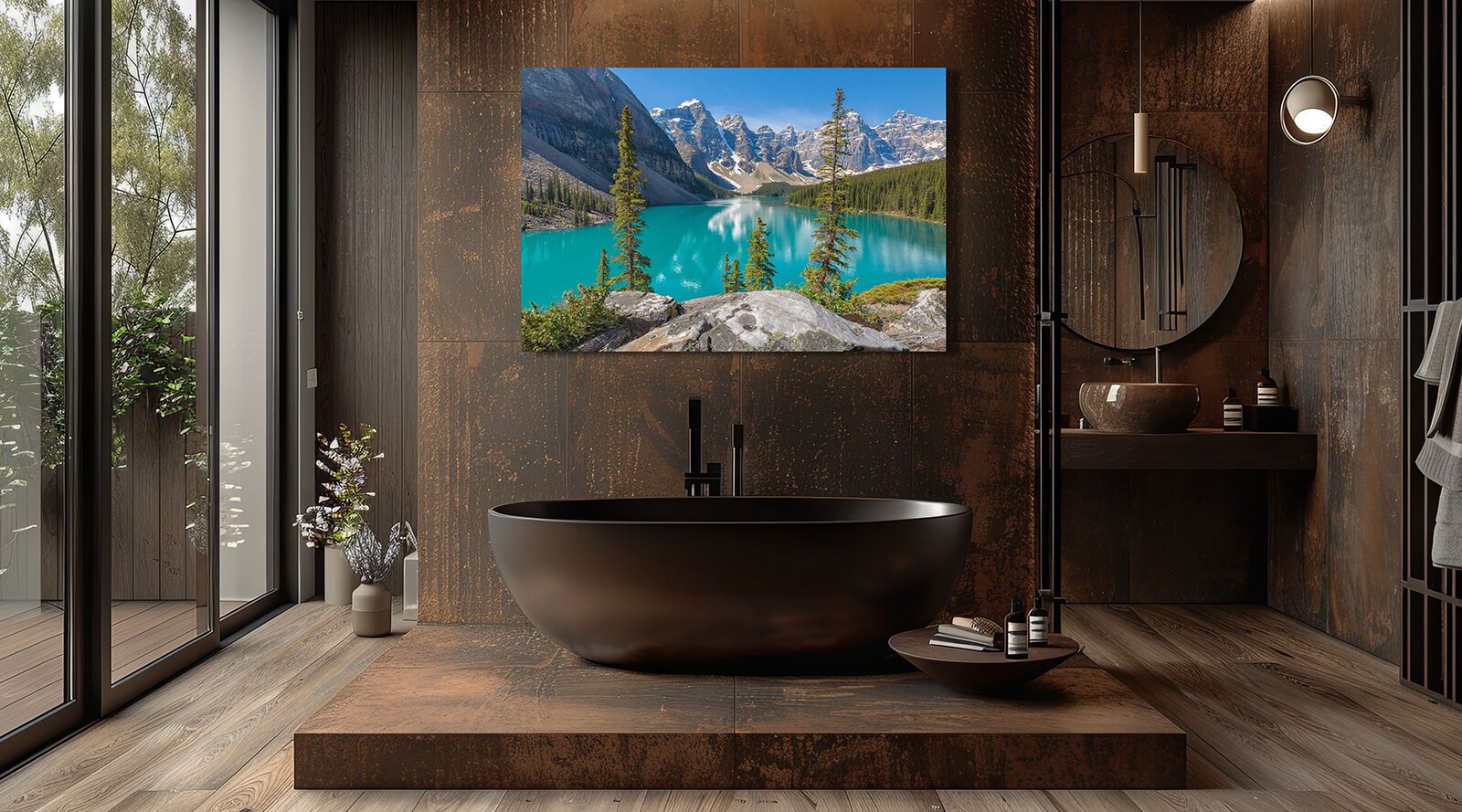 Moraine Lake Banff fine art print above bathtub, reflecting the tranquility and majesty of Mother Nature.