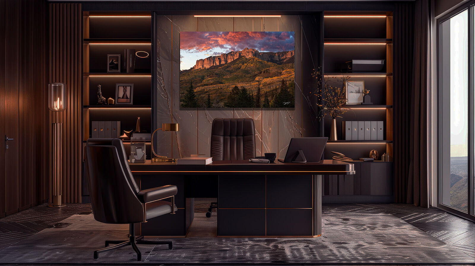 Fiery sunset mountain photo wall art blends with an upscale office space.