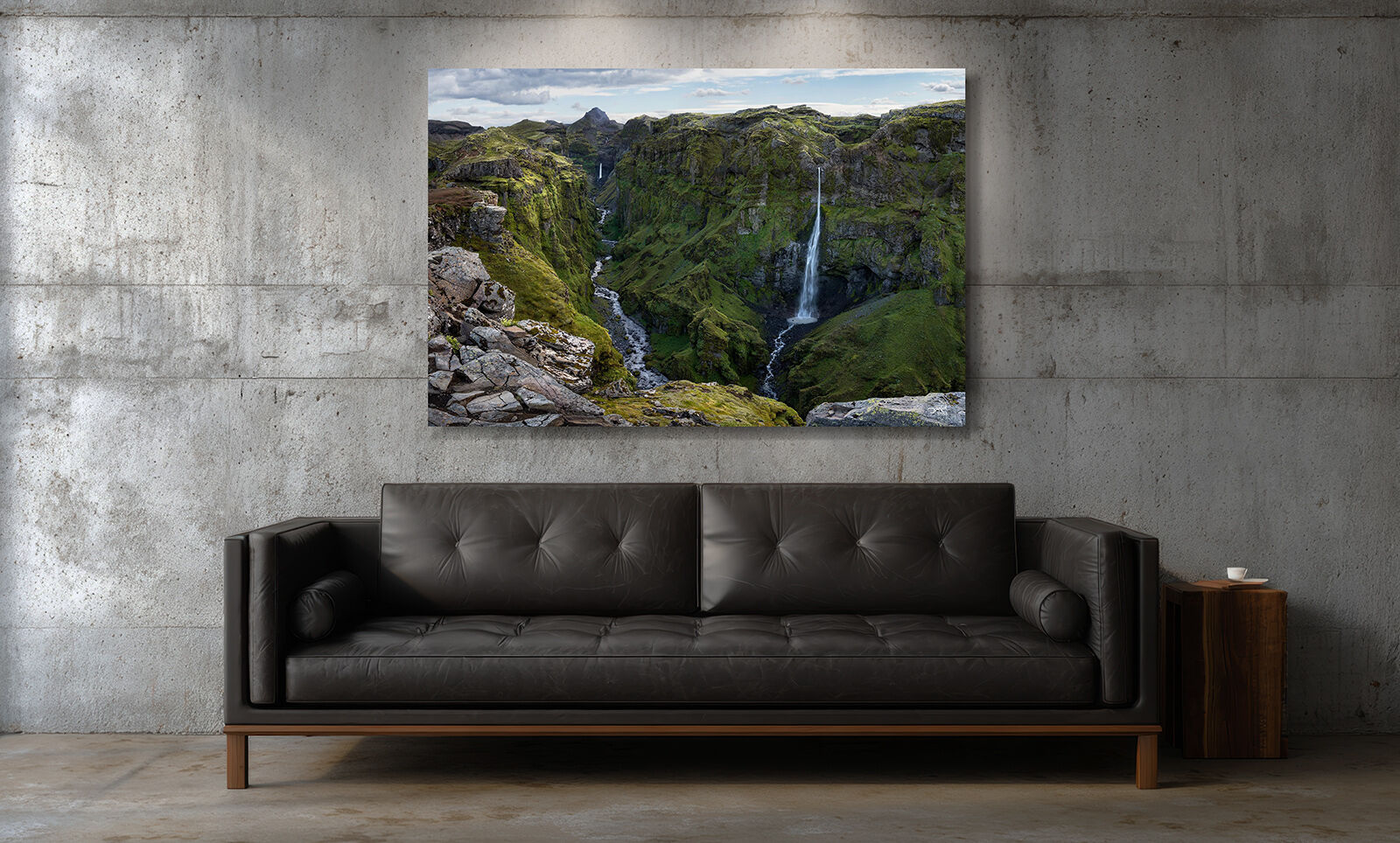M&uacute;laglj&uacute;fur Canyon fine art mountain print over contemporary sofa.