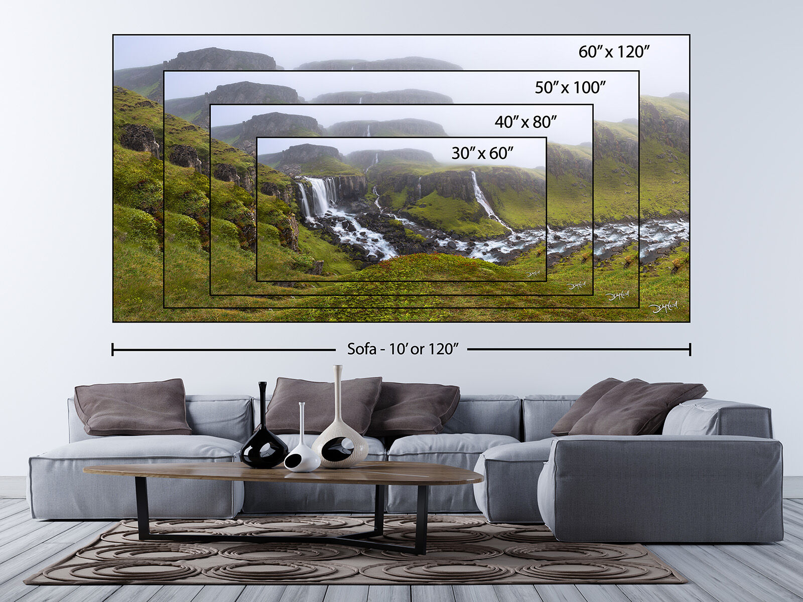 Extra large wall art sizing chart above sofa in living room.