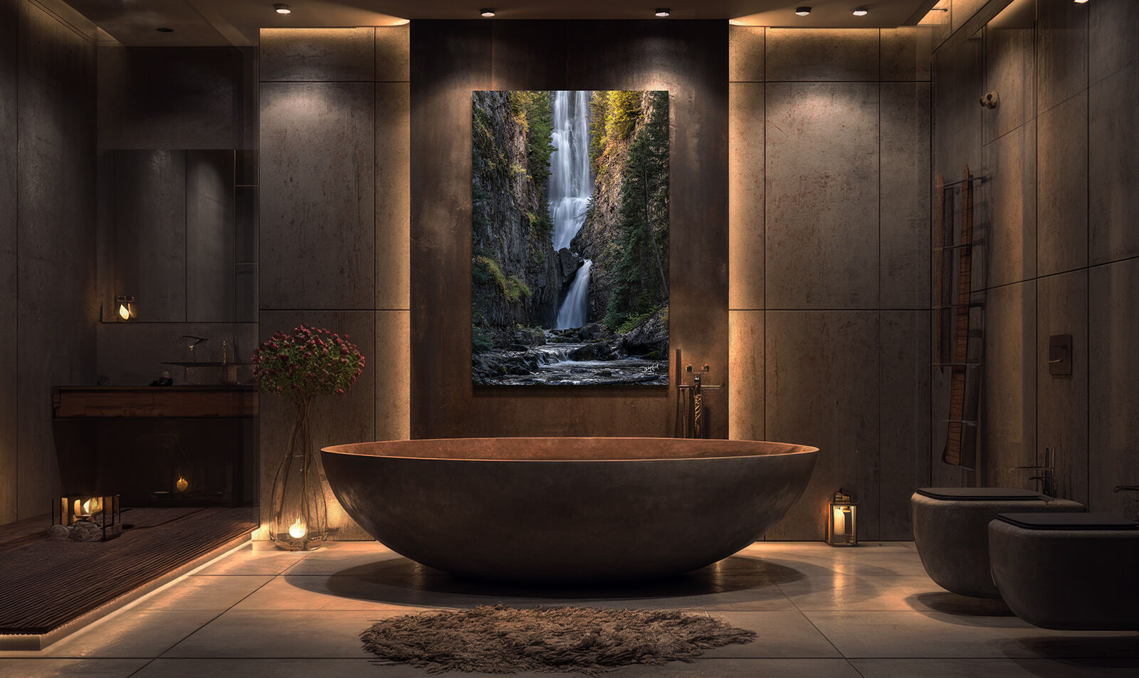 Fine art waterfall photography print over bathtub in luxury bathroom.