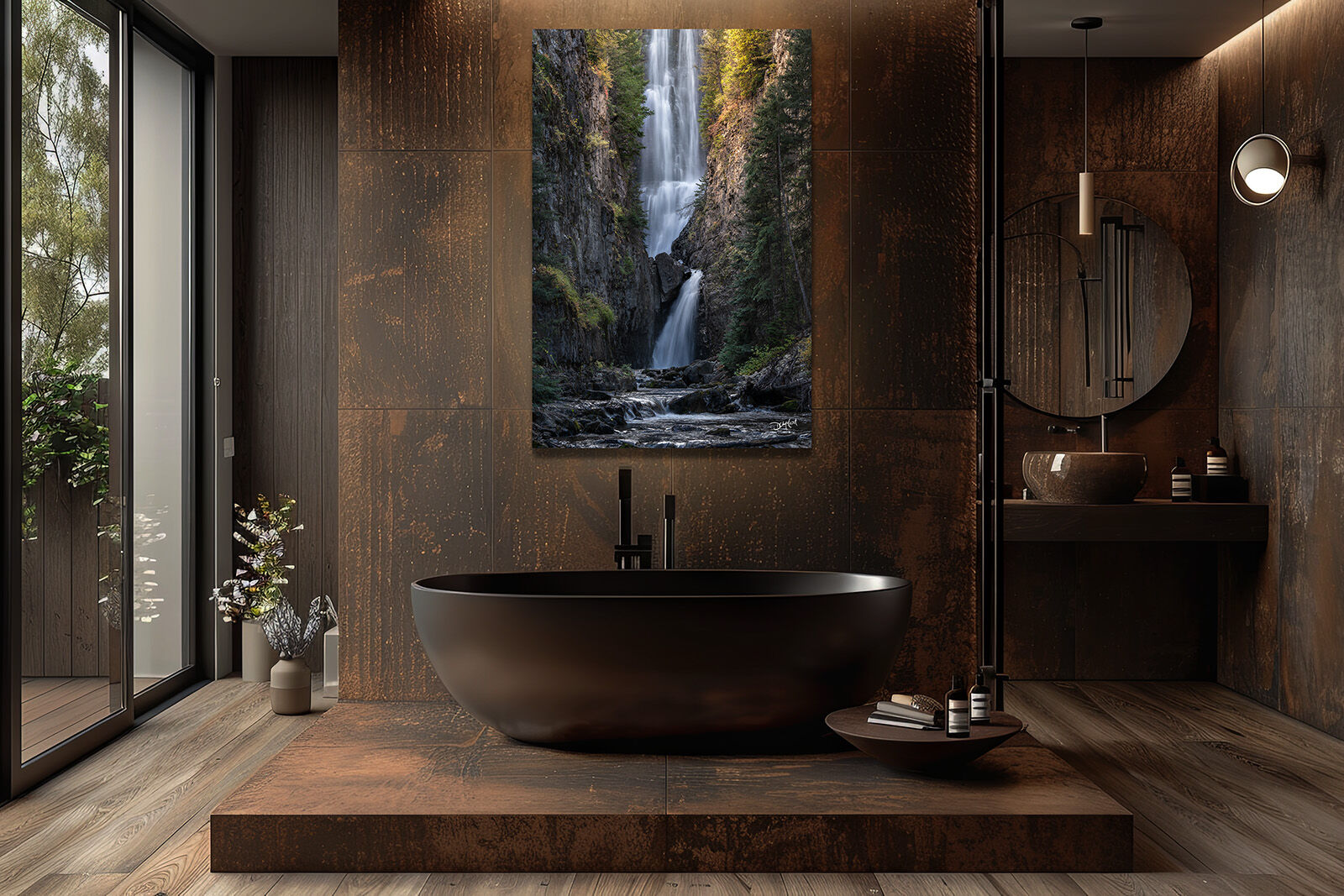 A metal photographic print of Mystic Falls near Telluride, Colorado hangs over a bathtub in an upscale home.