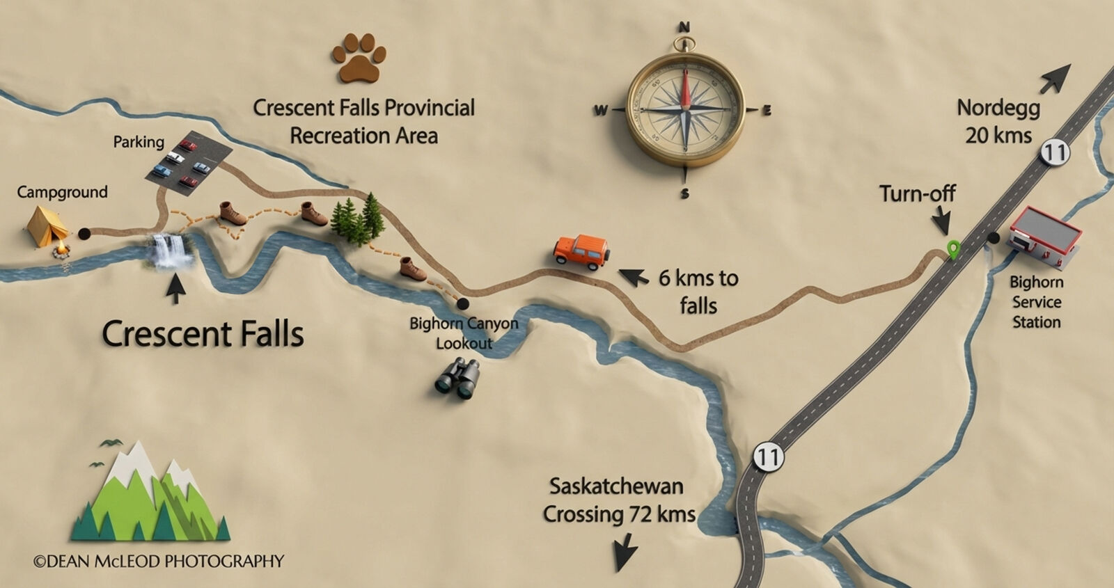 A roadmap infographic to Crescent Falls, Alberta.