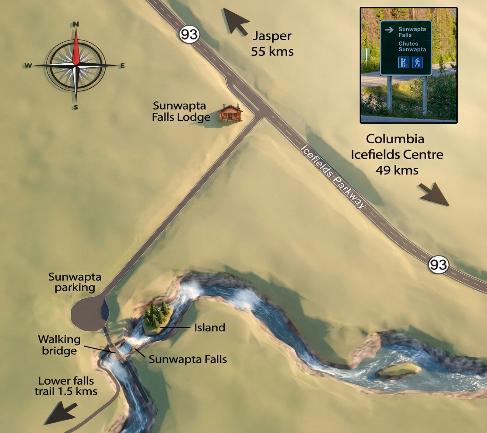 Map showing the location of Sunwapta Falls along the Icefields Parkway in Alberta, Canada