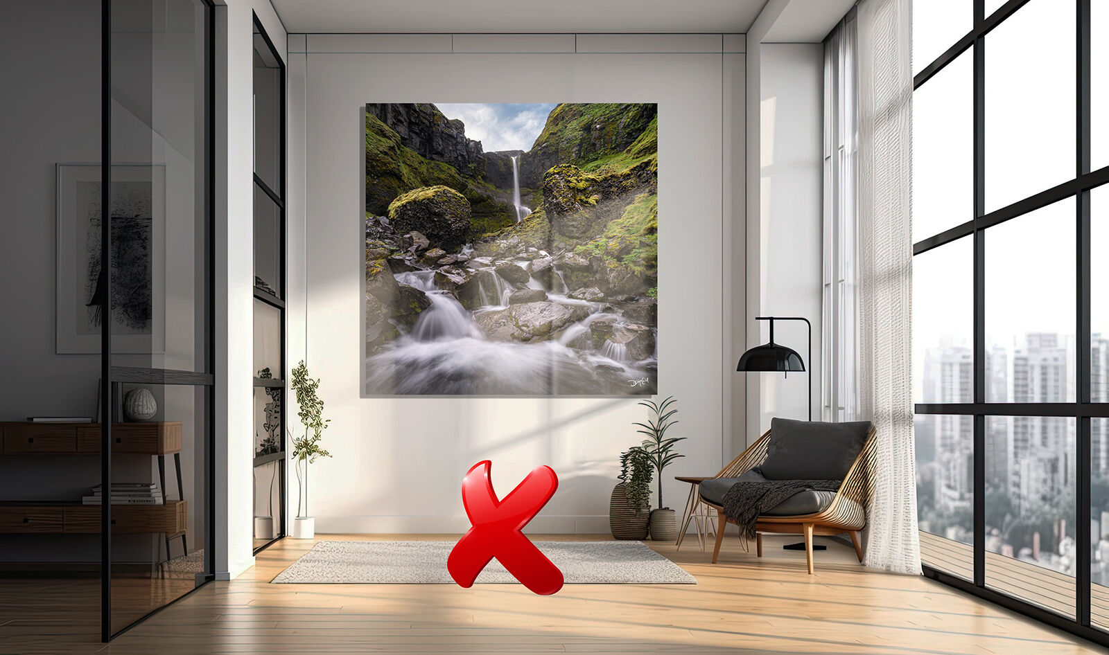 Large wall art installed incorrectly in damaging sunlight.