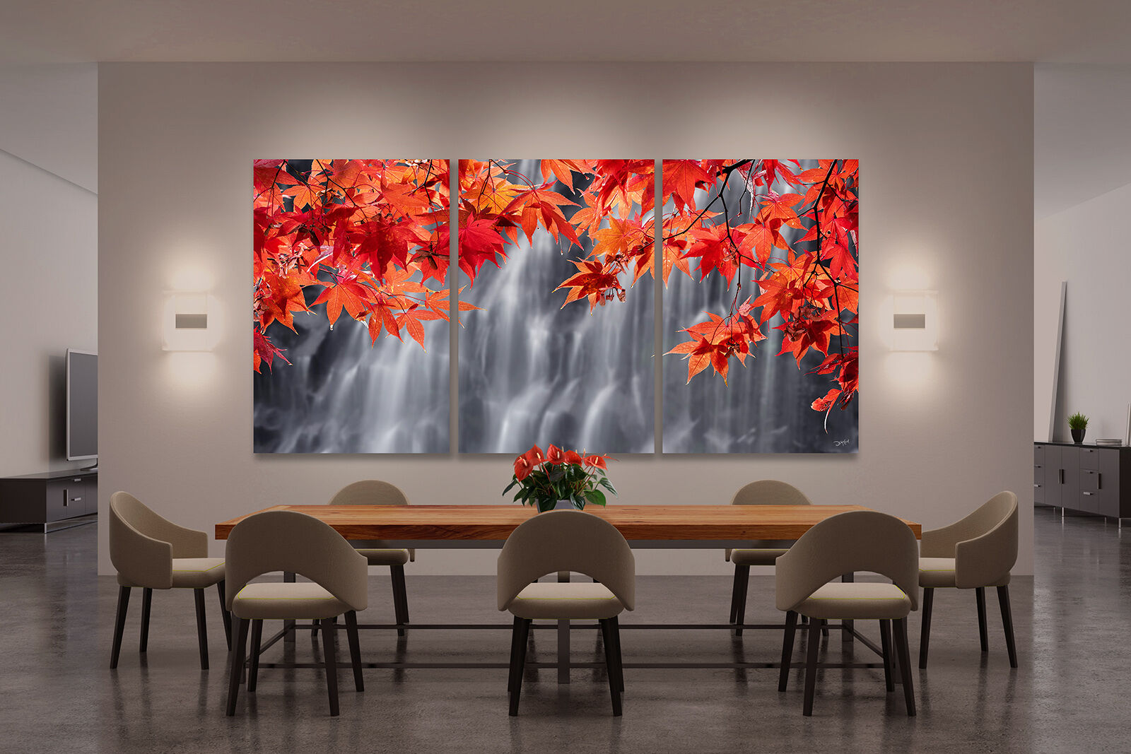 Large panoramic photo wall art adding warmth and conversation to a dining room.