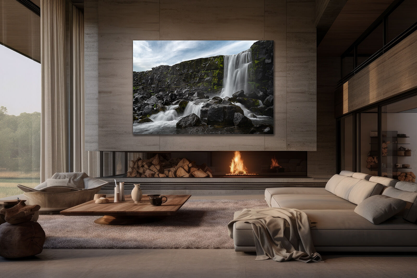A large photographic print of Öxarárfoss waterfall hangs over a fireplace in an upscale living room.