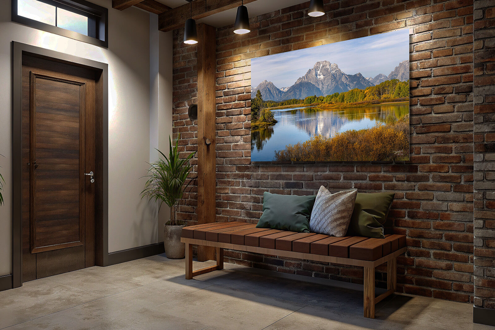 Oxbow Bend Mount Moran mountain photography print in home foyer over bench.