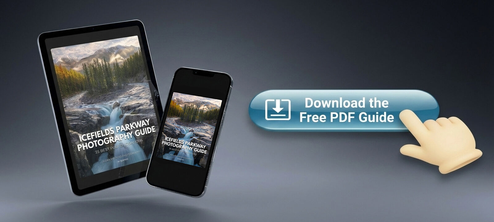 Infographic depicting a download button for an Icefields Parkway photo guide PDF.