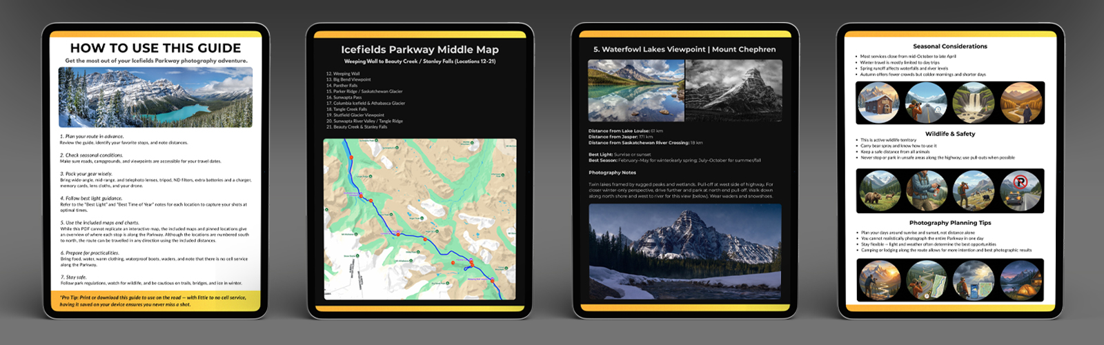 Infographic showing a tablet with various pages available through the Icefields Parkway Photography Guide PDF.