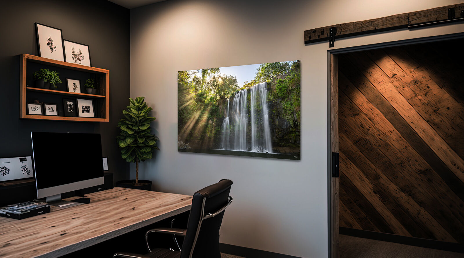 An acrylic picture of Llanos de Cortez waterfall in Costa Rica hangs on the wall in a small home office space.