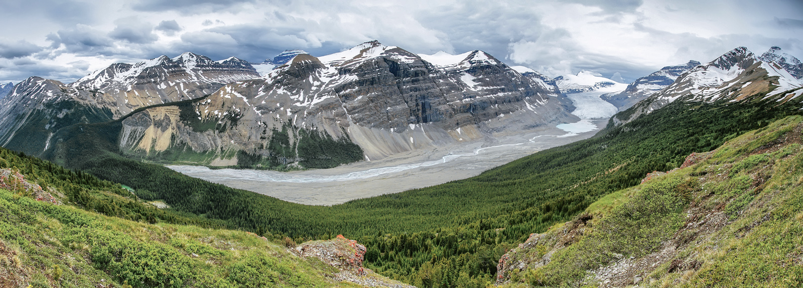 Saskatchewan Glacier viewed from Parker Ridge hike with Mount Athabasca and surrounding peaks.
