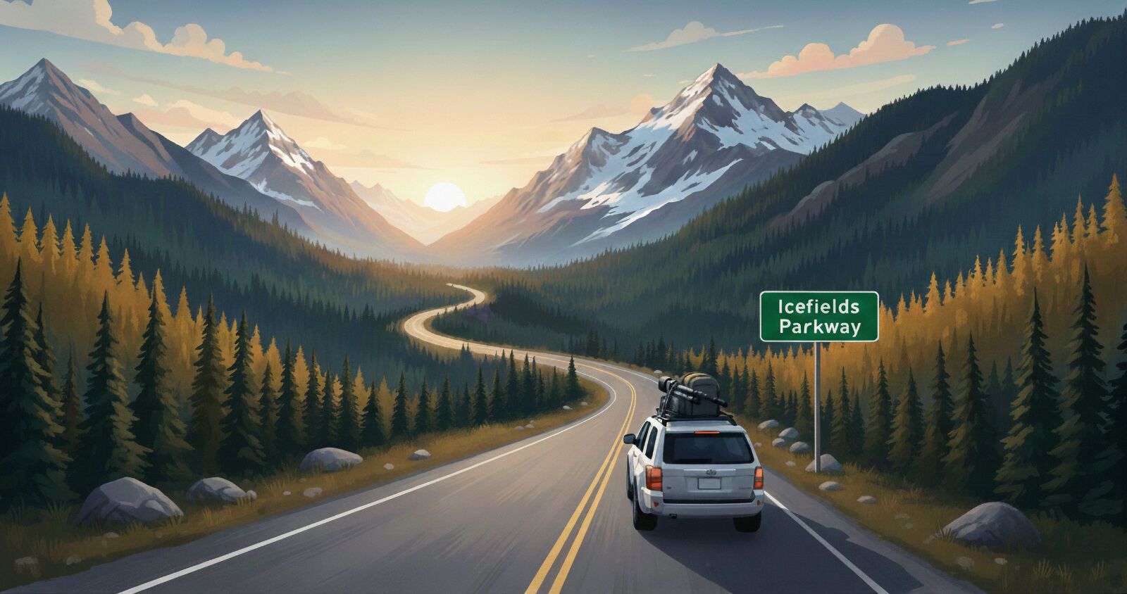 Infographic depicting a vehicle driving to the Icefields Parkway.