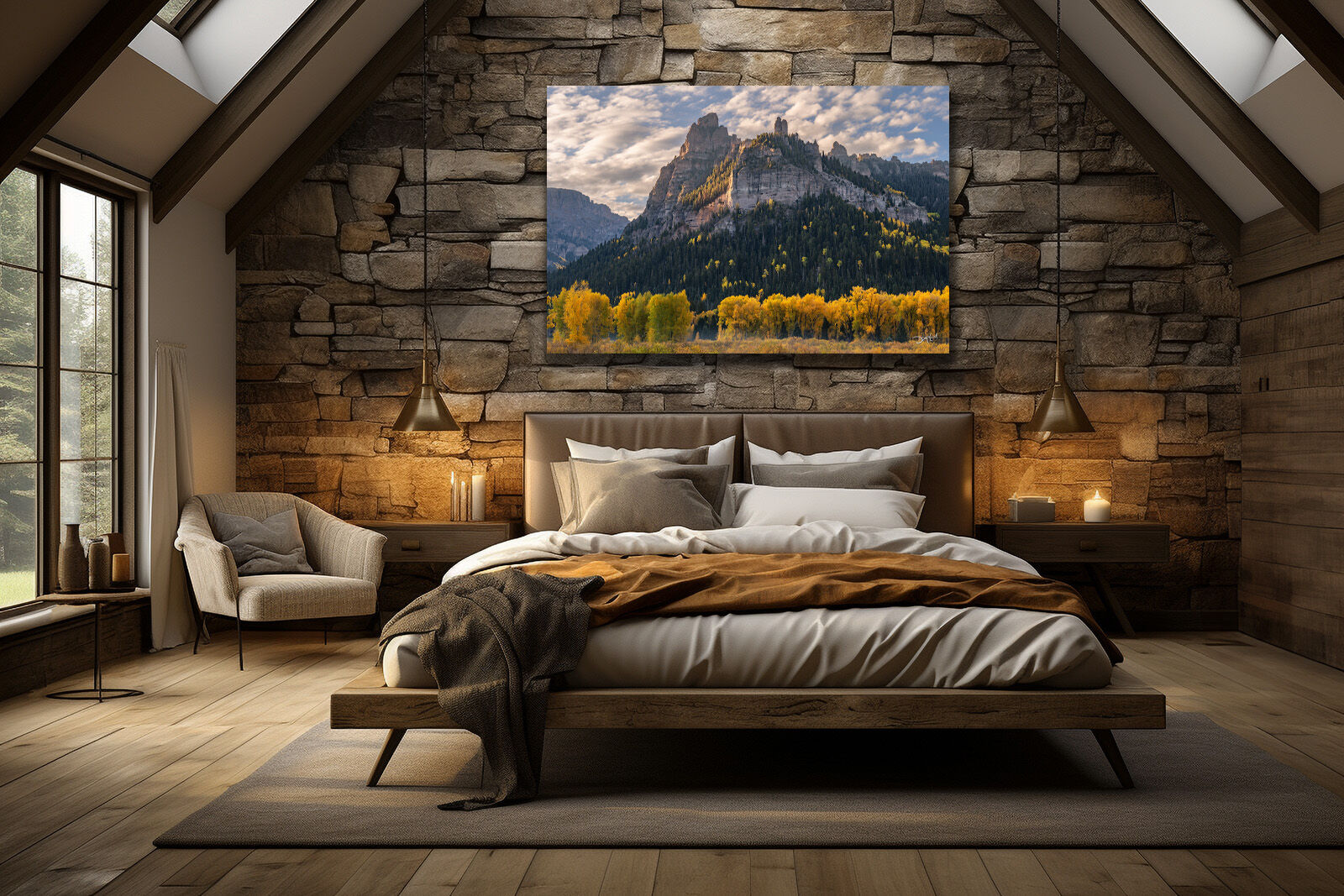 A large photographic print of Pinnacle Ridge hangs over a bed in an upscale bedroom.