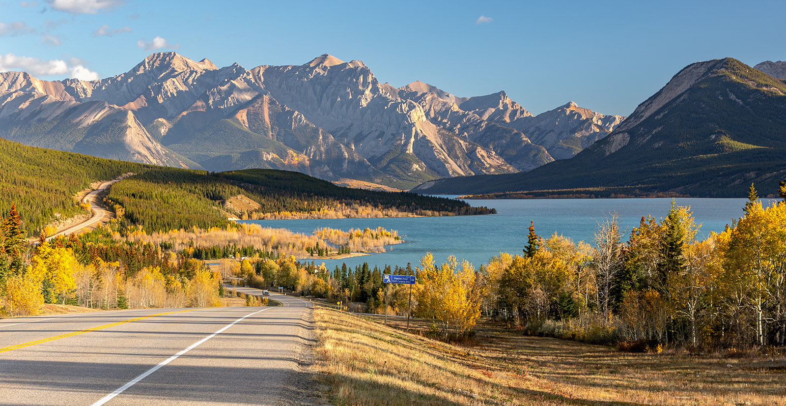 The view from David Thompson Highway nearing Abraham Lake, Alberta in autumn.