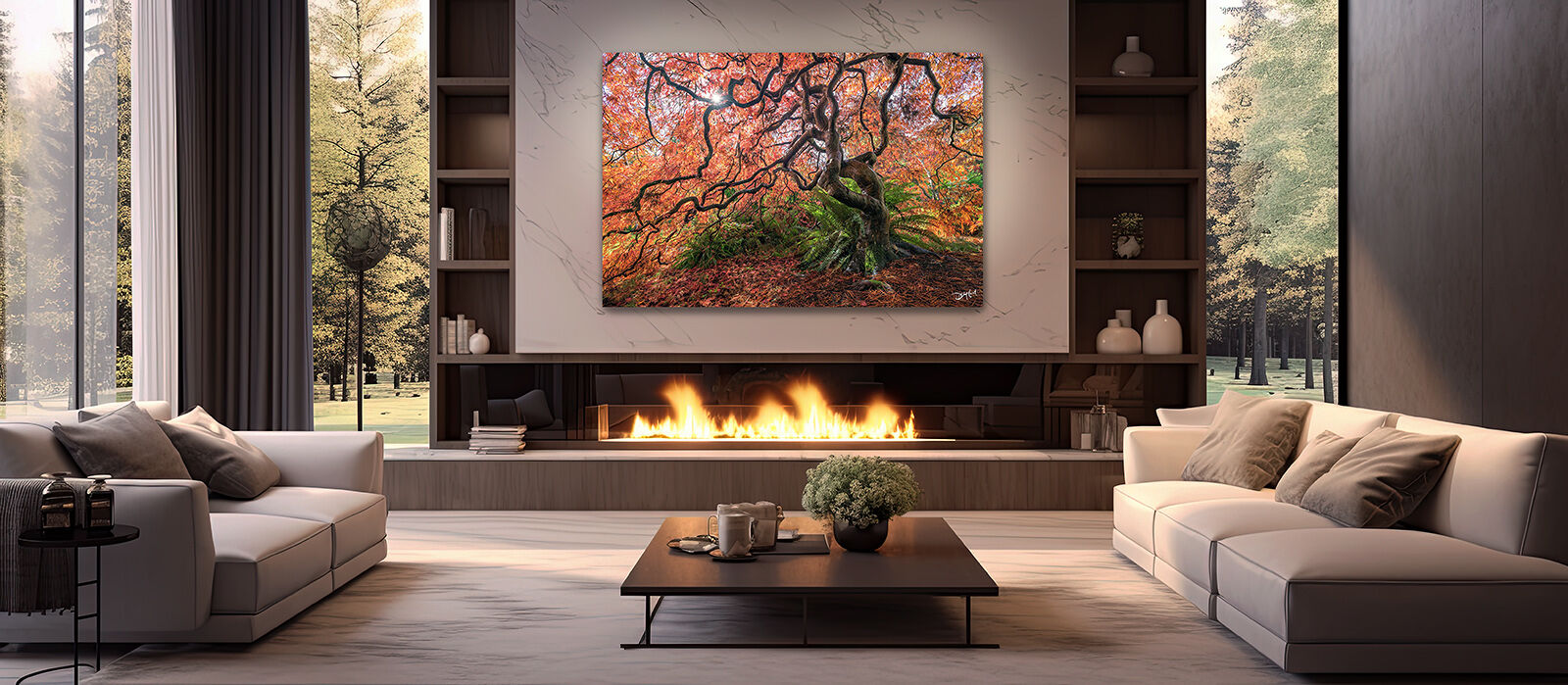 A large print of a Japanese maple tree with orange leaves hangs over a fireplace in a modern home.