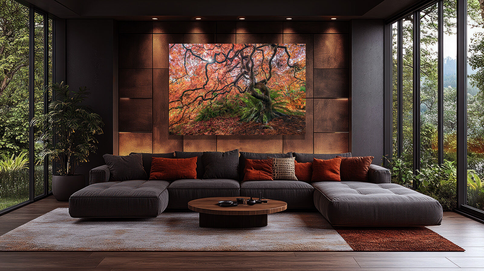 A large photographic print of a Japanese maple tree hangs over a large sofa in a luxurious living room.