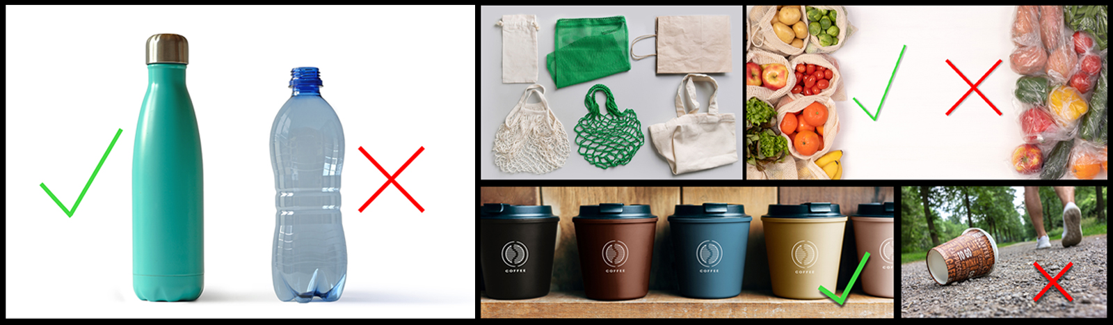 Collage of photos promoting reduced usage of plastics and disposable coffee cups.