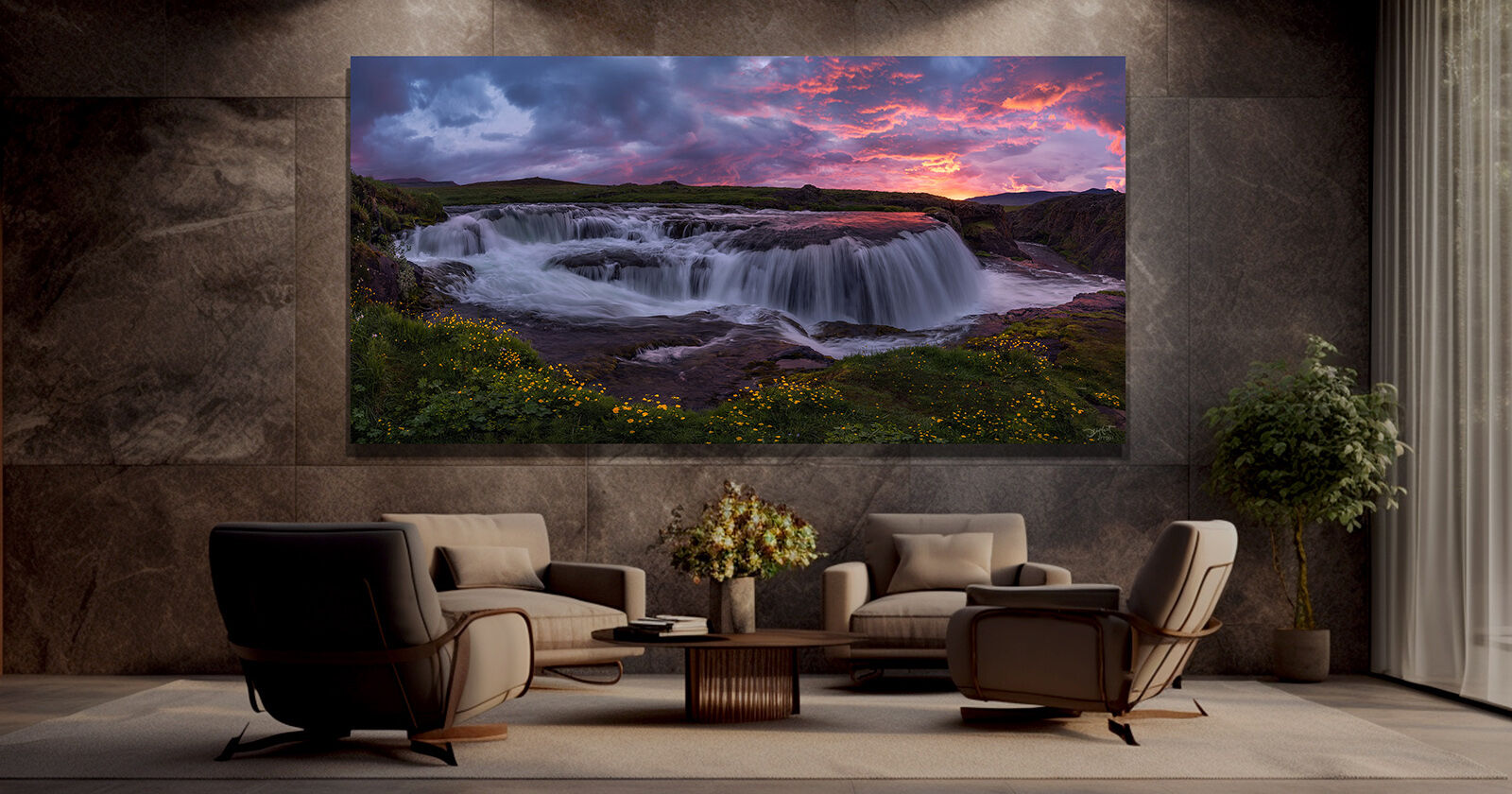 5x10 foot Lumachrome acrylic print of Reykjafoss waterfall in Iceland hanging on the wall of a dim, luxury waiting area with four chairs and a coffee table, hotel or lobby setting.