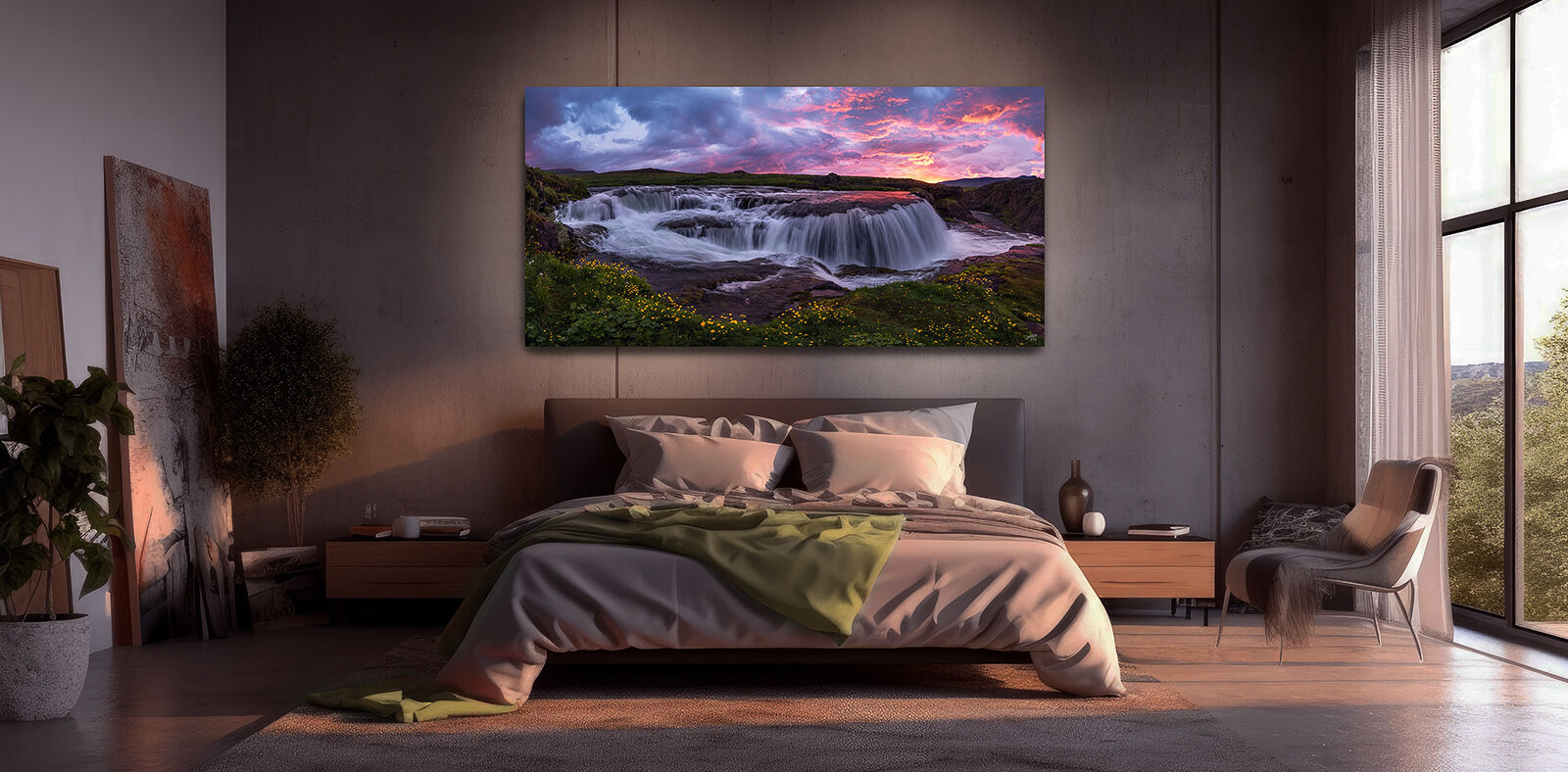 A large acrylic waterfall picture of Reykjafoss in Iceland hangs over a bed in a modern bedroom.