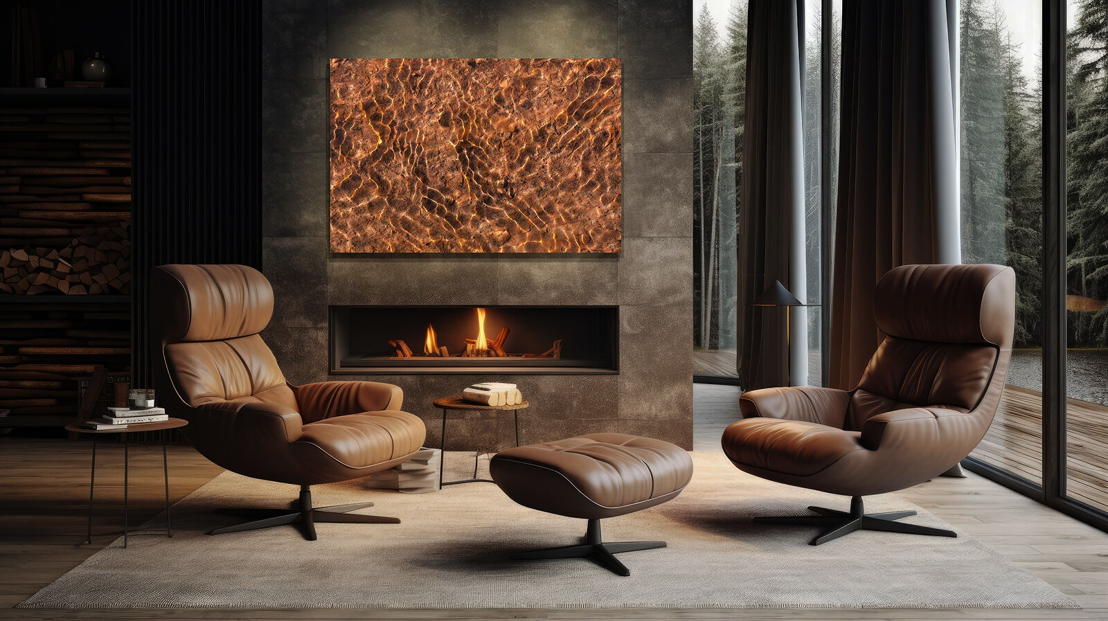 An oversized abstract photographic nature print hangs over a fireplace in a cozy den with two leather chairs.
