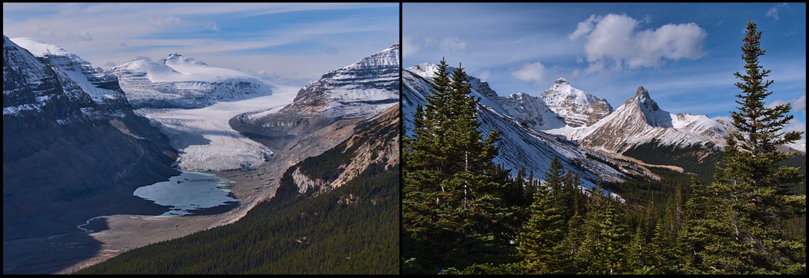 Saskatchewan Glacier, Mount Athabasca, and Hilda Peak as seen from Parker Ridge beside the Icefields Parkway.