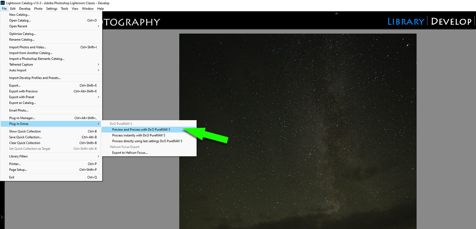 Screenshot of how to access DxO PureRAW 5 as a plug-in from Adobe Lightroom.