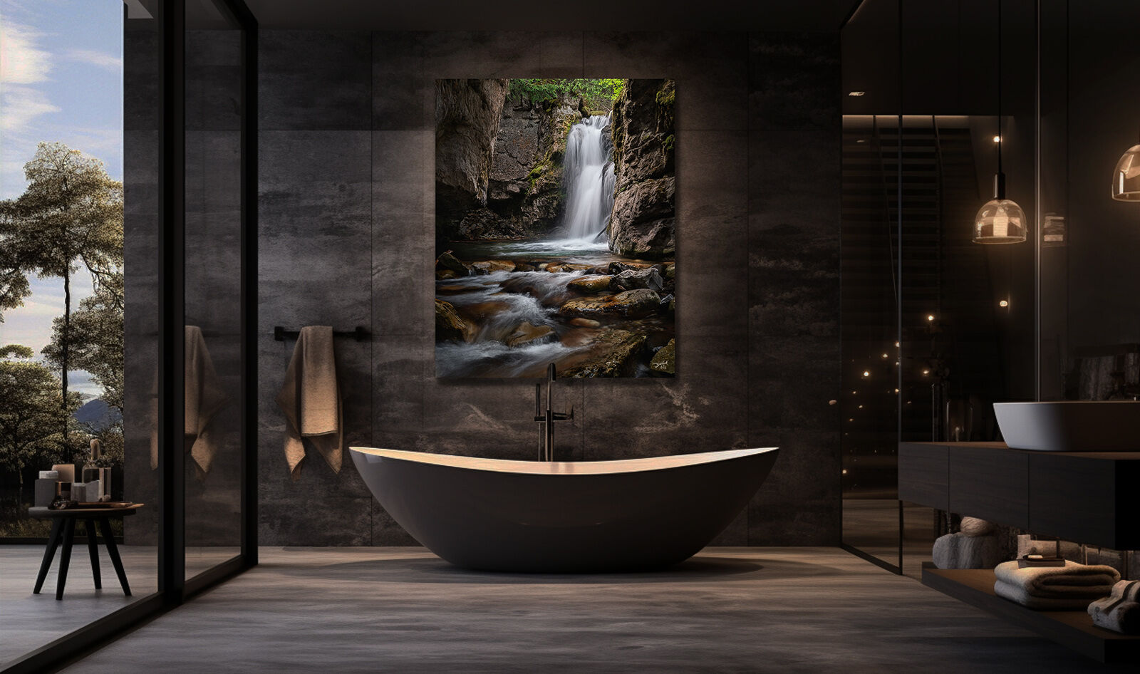A large photographic waterfall print hangs over an bathtub in an upscale bathroom.