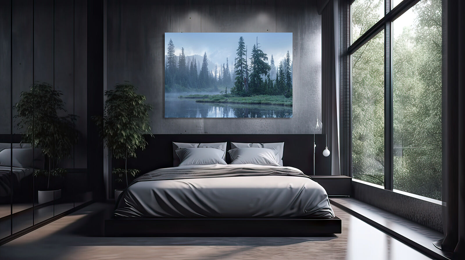 A large print of trees near a foggy lake hangs over a bed in an upscale bedroom.