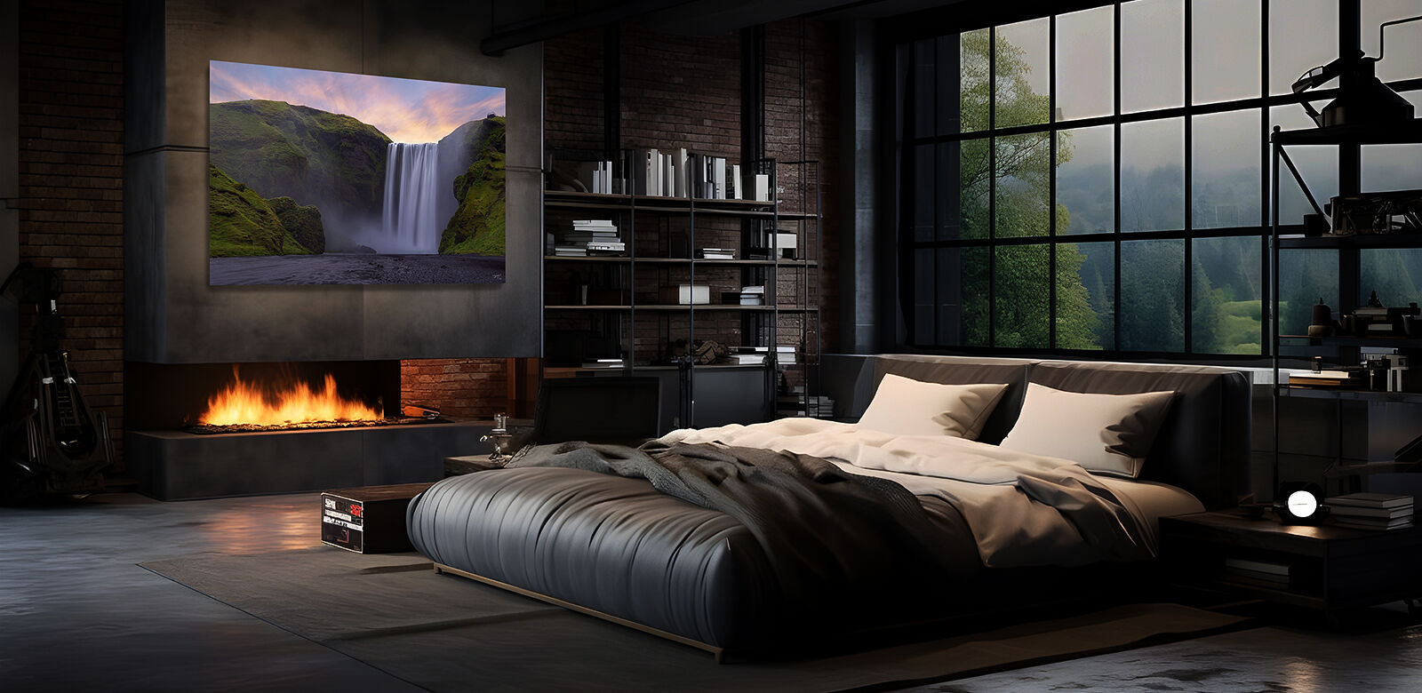 A Skógafoss waterfall picture hangs over a fireplace in an upscale bedroom.