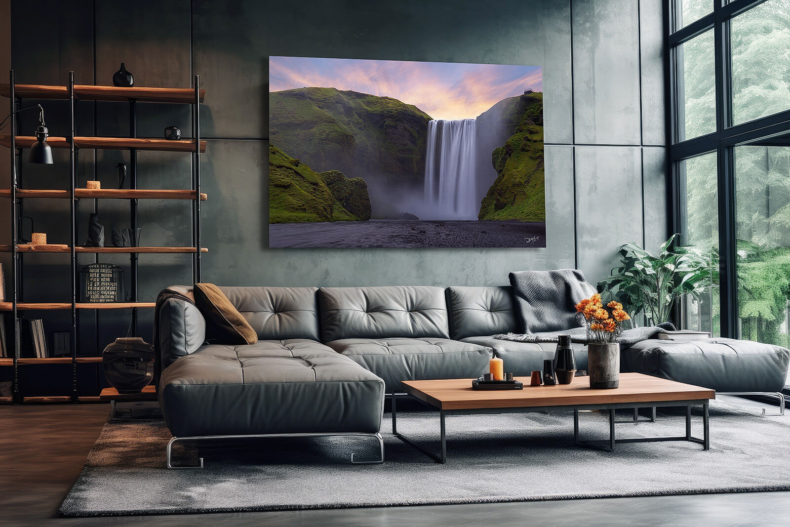 Large gallery-quality print of Skógafoss waterfall processed with DxO PureRAW 5 noise reduction hangs in a living room.