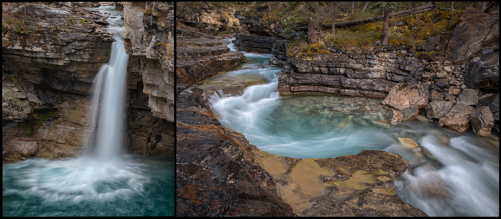 Stanley Falls hidden along Beauty Creek with mossy cascades and forest surroundings, Jasper National Park.