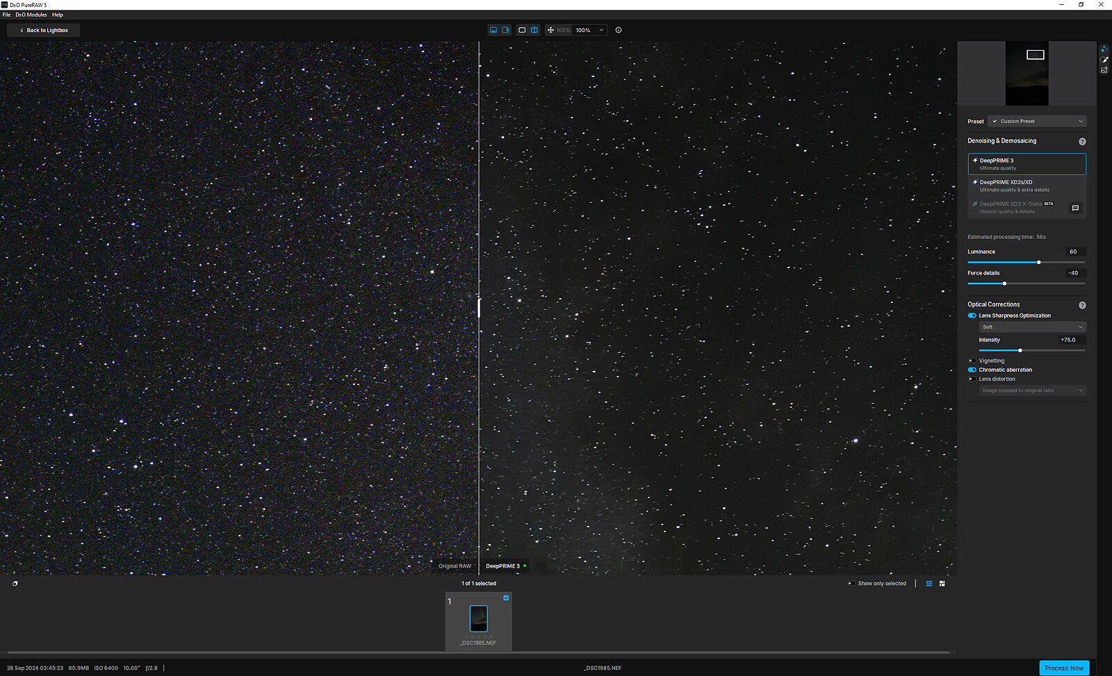 DxO Pure RAW 5 software preview screen showing before/after renderings of a starry sky after noise reduction.