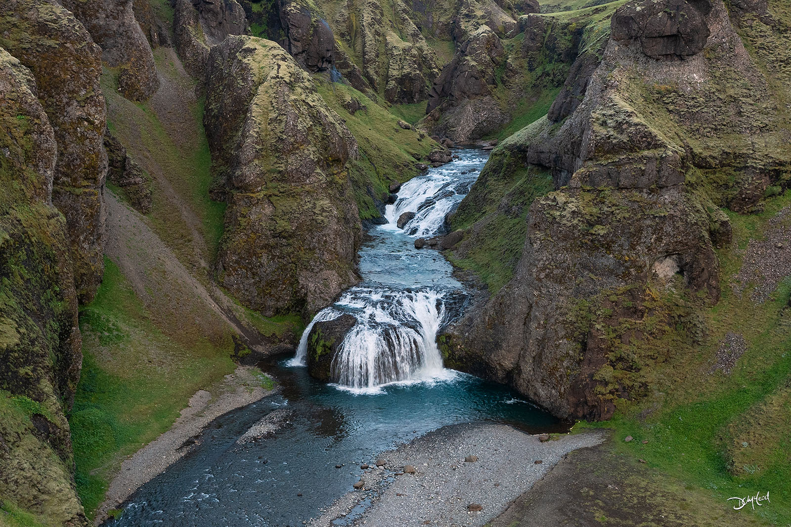 Aerial view of Stj&oacute;rnarfoss waterfall in Iceland in the summer.