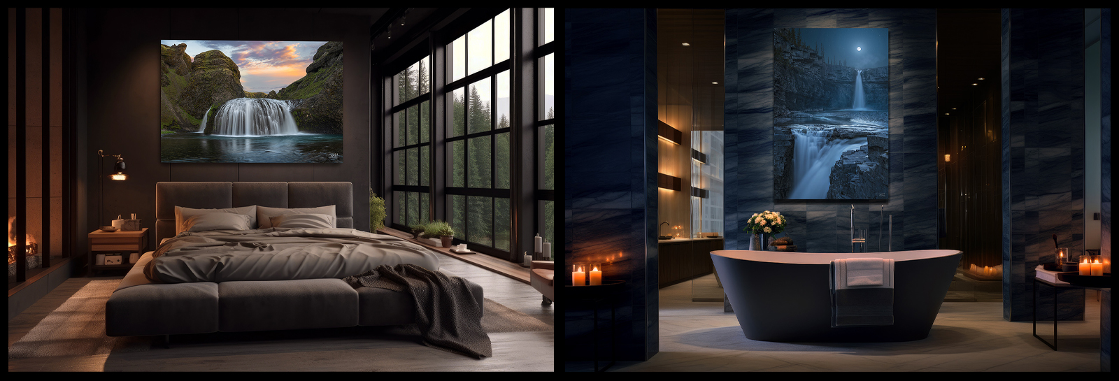 Stjórnarfoss and Crescent Falls waterfall prints displayed on walls in modern homes, showcasing Limited Edition acrylic and metal prints.