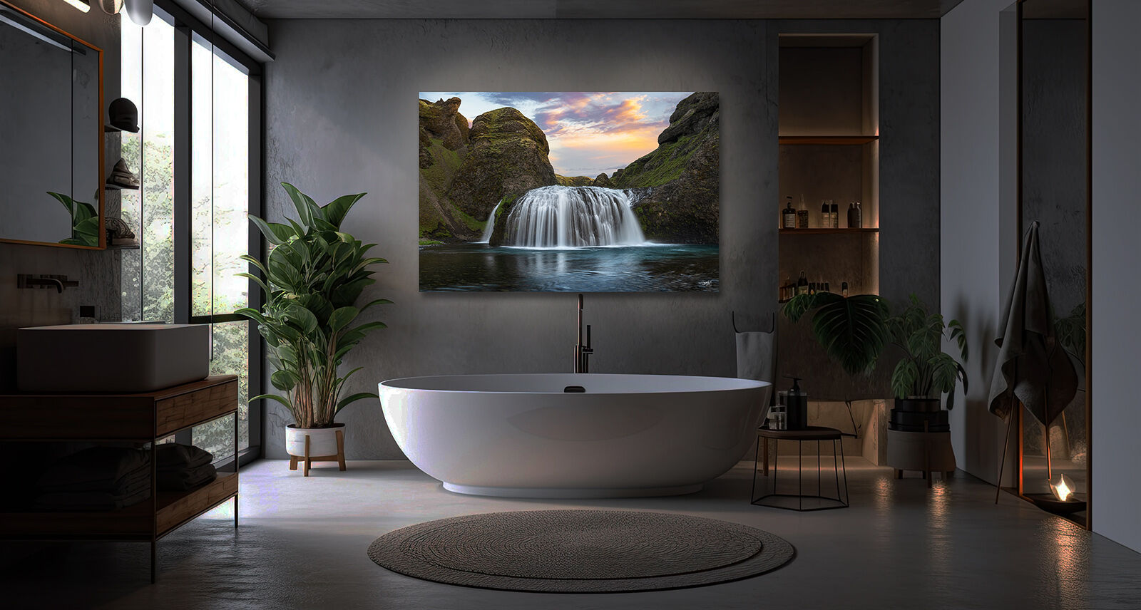 A metal picture of Stjórnarfoss waterfall in Iceland hangs over a large soaker tub in a peaceful bathroom.