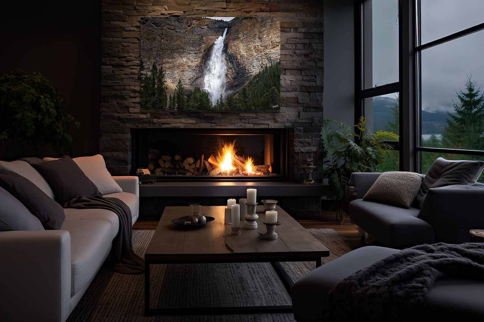 A large waterfall picture of Takakkaw Falls in Yoho National Park, Canada hangs over a fireplace in a dimly lit modern living room.