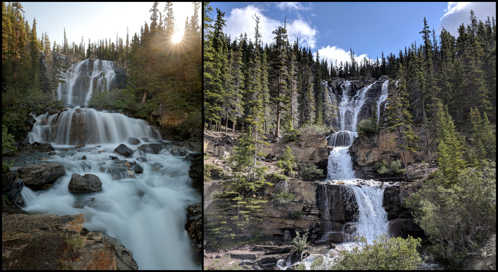 Tangle Creek Falls cascading in multiple tiers beside the Icefields Parkway, Jasper National Park.