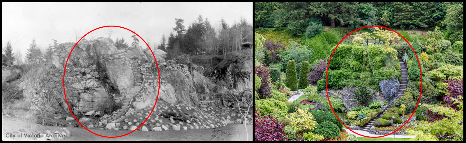Two images of The Mound in the Sunken Garden at Butchart Gardens, one circa 1910, and the other of how it looks today.