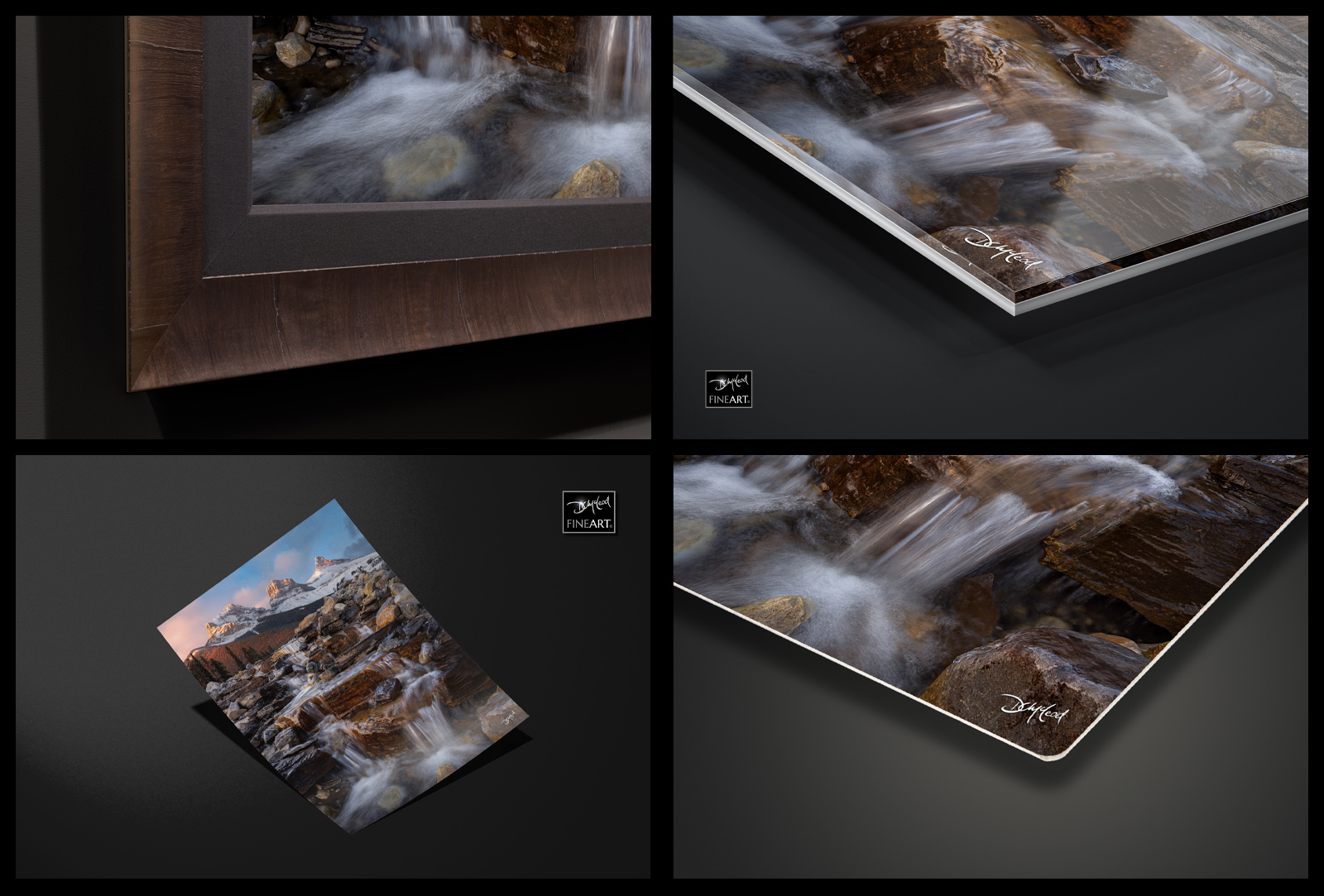 Details of different fine art print mediums including framed and unframed Lumachrome acrylic, ChromaLuxe metal, and Fujicolor Pearl paper.