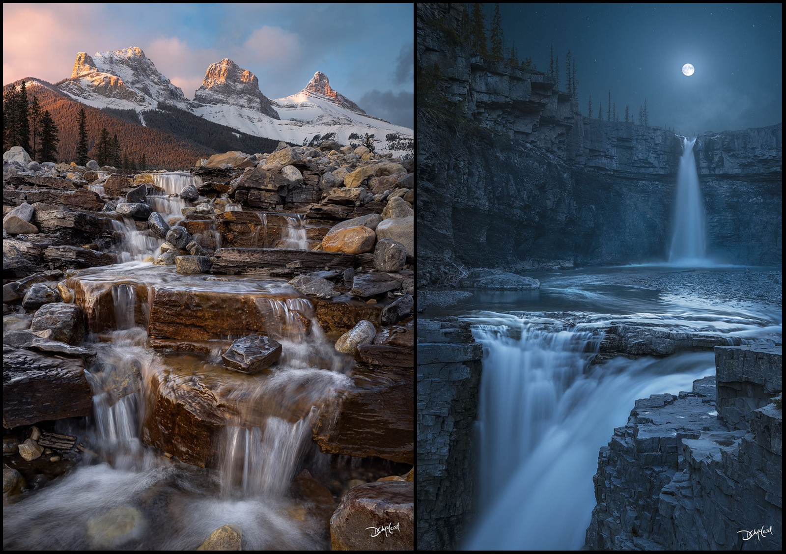 Left; Three Sisters mountain in Canmore, Alberta with a waterfall in the foreground. Right, Crescent Falls Alberta under a full moon.